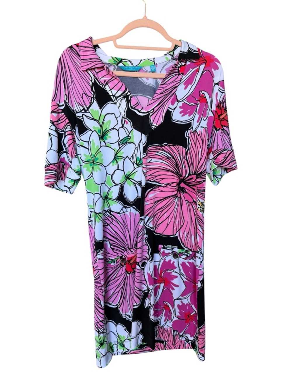 Tori Richard Pink Floral V-Neck Top with Green Accents
